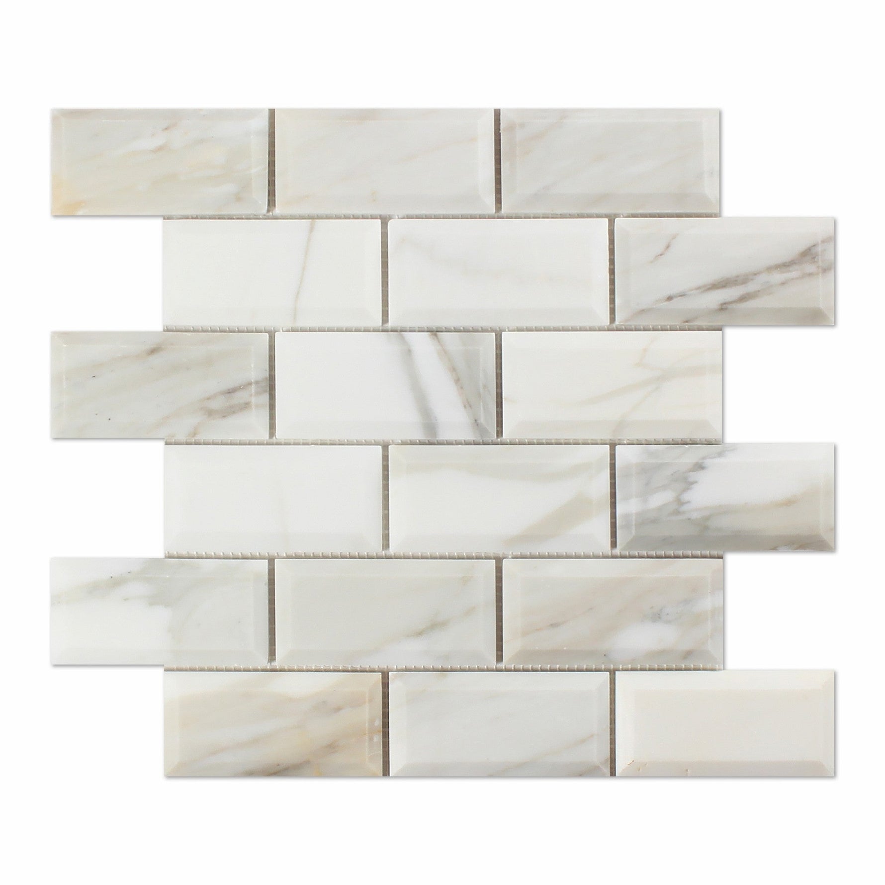 2 X 4 Calacatta Gold Marble Honed & Beveled Brick Mosaic Tile