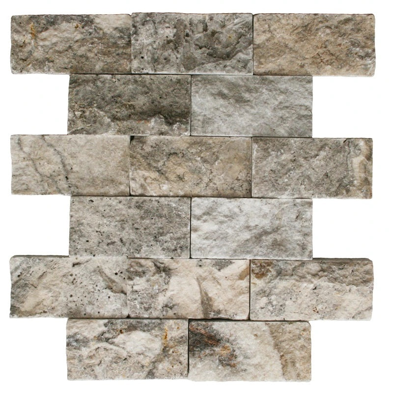 2 X 4 Silver Travertine Split-Faced Brick Mosaic Tile-Travertine Mosaic-American Tile Depot