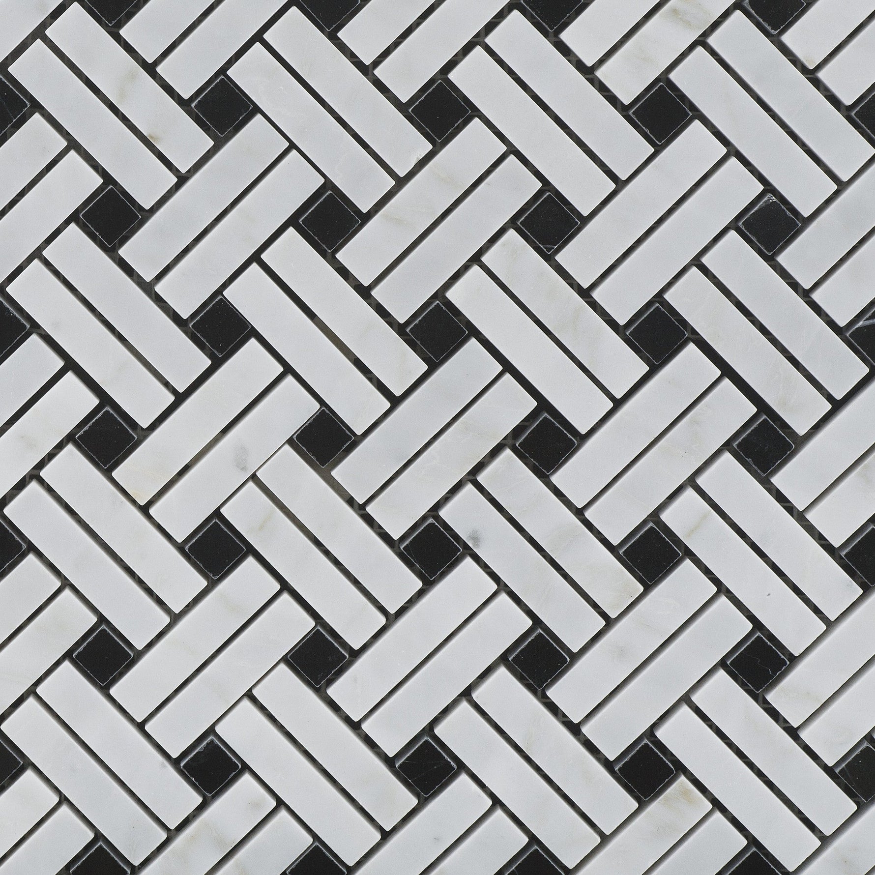 Carrara White Marble Polished Stanza Basketweave Mosaic Tile w/ Black Dots