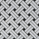 Carrara White Marble Polished Stanza Basketweave Mosaic Tile w/ Black Dots