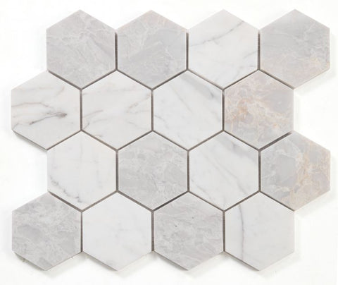 3" Beehive City Grey Polished Hexagon Marble Mosaic Tile