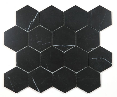 3" Beehive Marquina Honed Hexagon Marble Mosaic Tile
