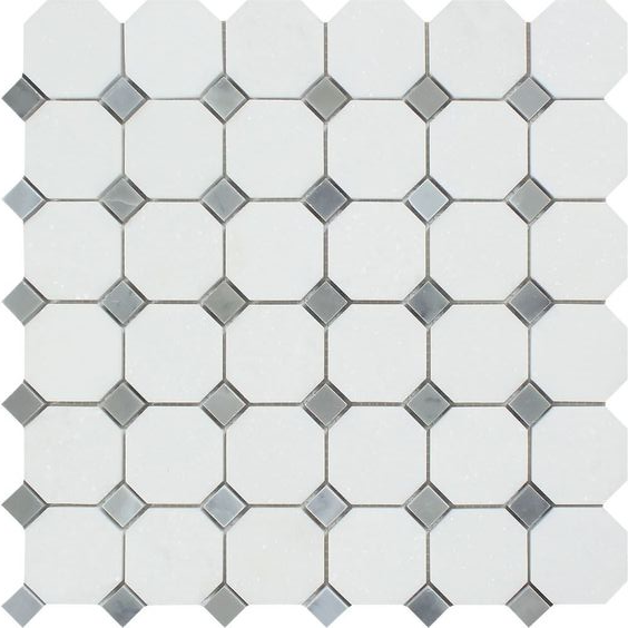 Thassos White Marble Honed Octagon Mosaic Tile w/ Blue Gray Dots-Marble Mosaic-American Tile Depot