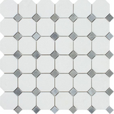 Thassos White Marble Polished Octagon Mosaic Tile w/ Blue Gray Dots