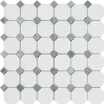 Thassos White Marble Polished Octagon Mosaic Tile w/ Blue Gray Dots-Marble Mosaic-American Tile Depot