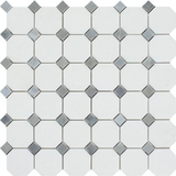 Thassos White Marble Polished Octagon Mosaic Tile w/ Blue Gray Dots