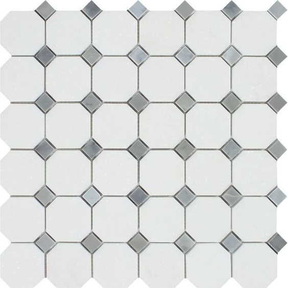 Thassos White Marble Honed Octagon Mosaic Tile w/ Blue Gray Dots-Marble Mosaic-American Tile Depot