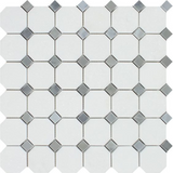 Thassos White Marble Honed Octagon Mosaic Tile w/ Blue Gray Dots