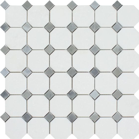 Thassos White Marble Honed Octagon Mosaic Tile w/ Blue Gray Dots-Marble Mosaic-American Tile Depot