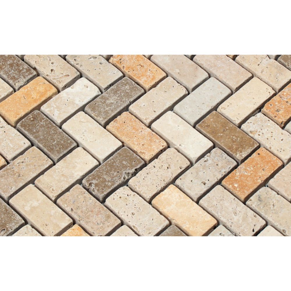 Mixed Travertine Tumbled 1 X 2 Herringbone Mosaic Tile