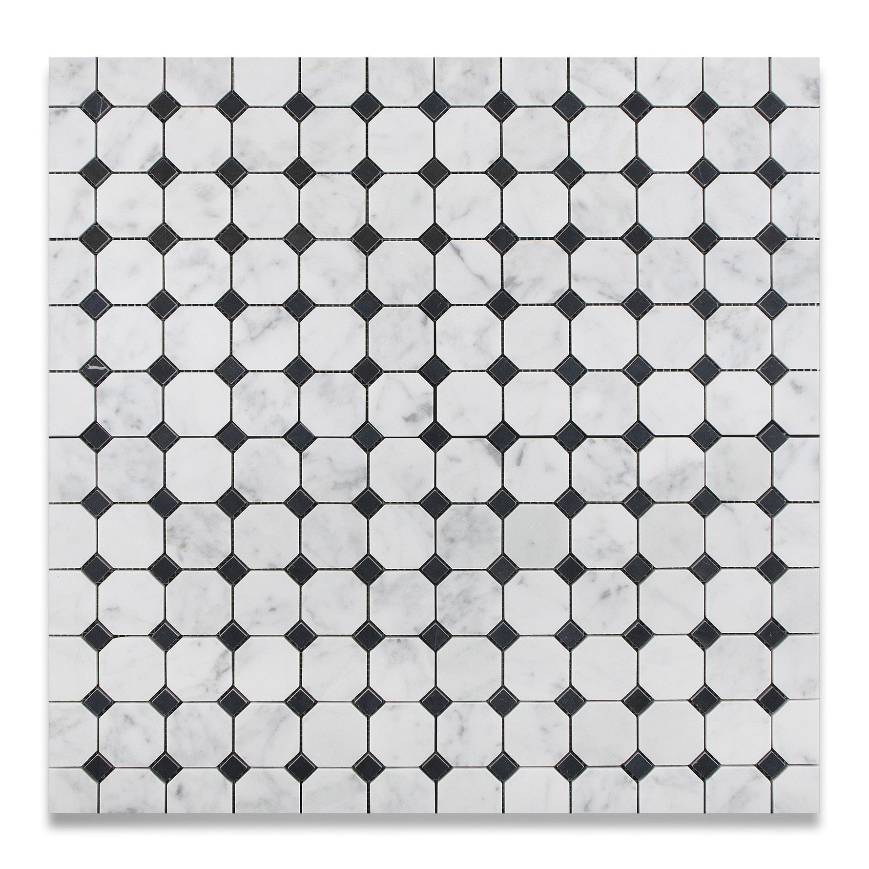 Carrara White Marble Honed Octagon Mosaic Tile w/ Black Dots