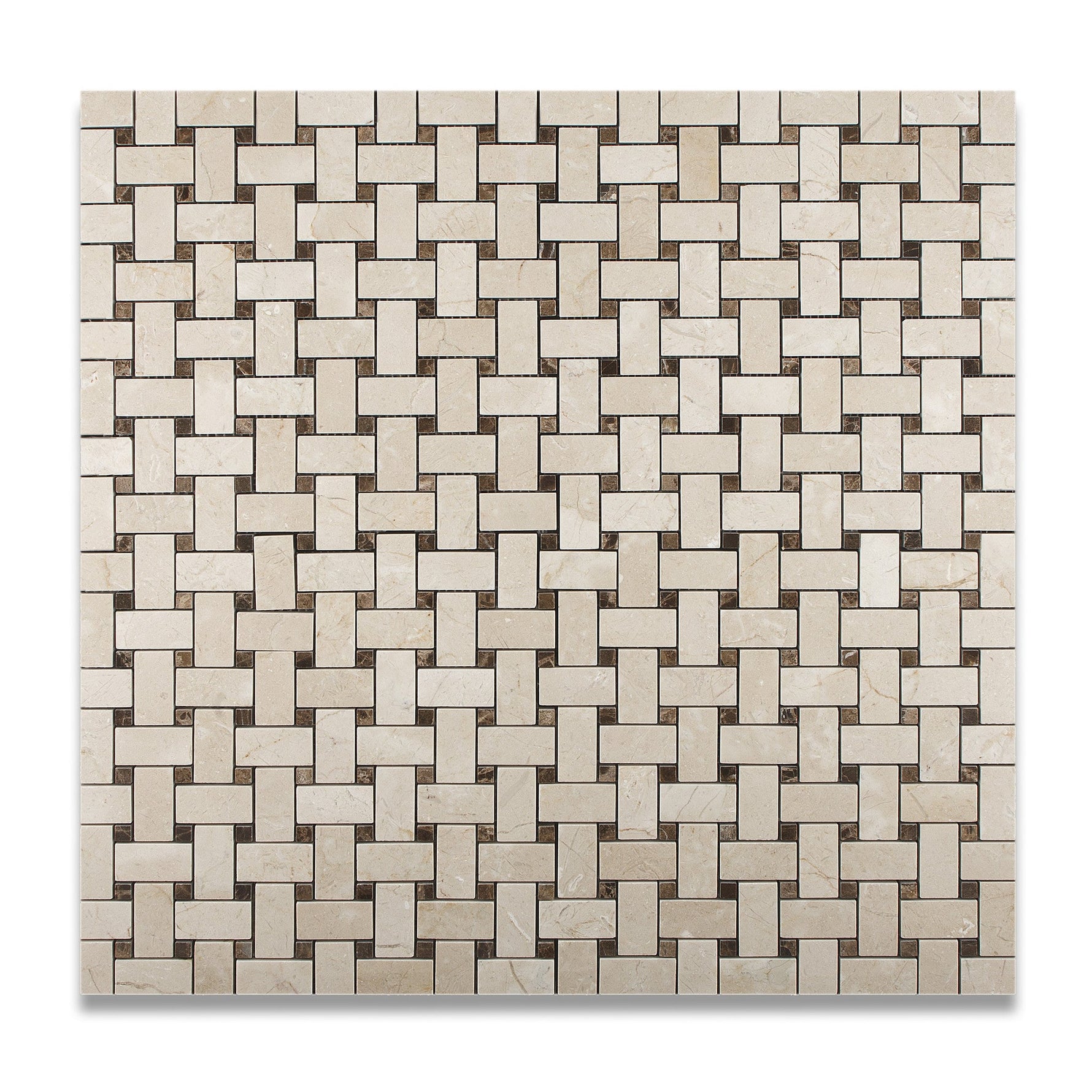 Crema Marfil Marble Polished Basketweave Mosaic Tile w/ Emperador Dark Dots