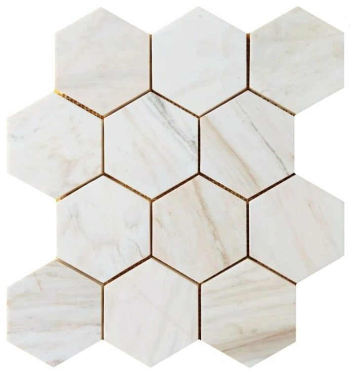 4" Beehive Wooden White Honed Hexagon Marble Mosaic Tile-Marble Mosaic-American Tile Depot