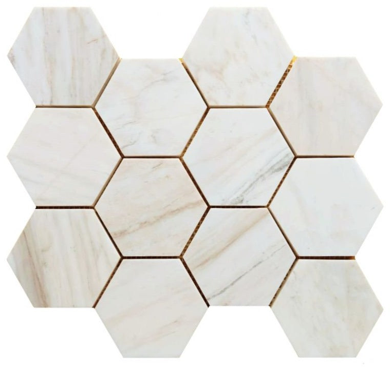 4" Beehive Wooden White Honed Hexagon Marble Mosaic Tile-Marble Mosaic-American Tile Depot