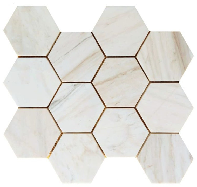 4" Beehive Wooden White Honed Hexagon Marble Mosaic Tile-Marble Mosaic-American Tile Depot