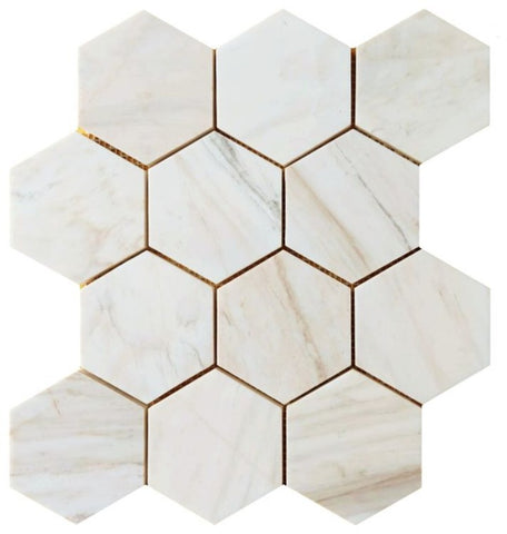 4" Beehive Wooden White Honed Hexagon Marble Mosaic Tile