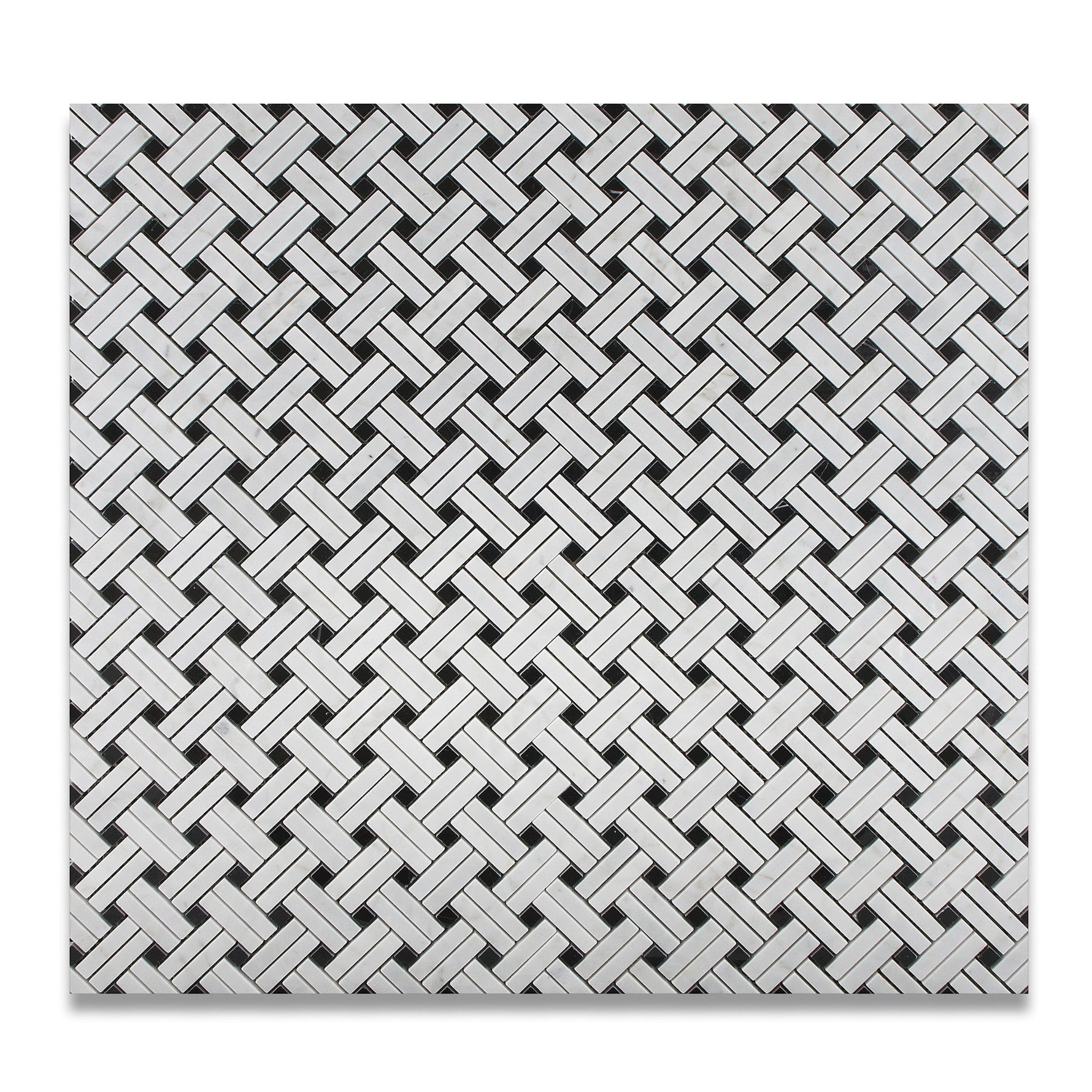 Carrara White Marble Polished Stanza Basketweave Mosaic Tile w/ Black Dots