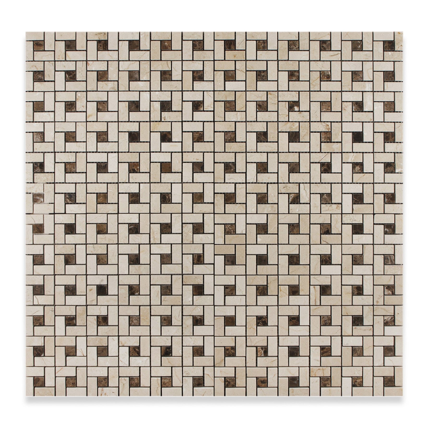 Crema Marfil Marble Honed Pinwheel Mosaic Tile w/ Emperador Dark Dots