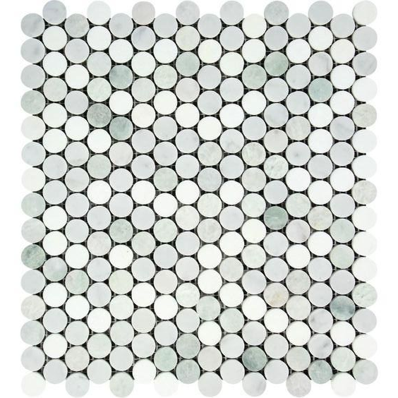 Thassos White Marble Honed Penny Round Mosaic Tile w/ Ming Green Dots-Marble Mosaic-American Tile Depot