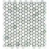 Thassos White Marble Honed Penny Round Mosaic Tile w/ Ming Green Dots-Marble Mosaic-American Tile Depot