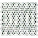 Thassos White Marble Honed Penny Round Mosaic Tile w/ Ming Green Dots