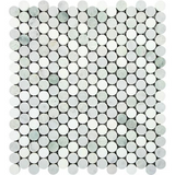 Thassos White Marble Honed Penny Round Mosaic Tile w/ Ming Green Dots