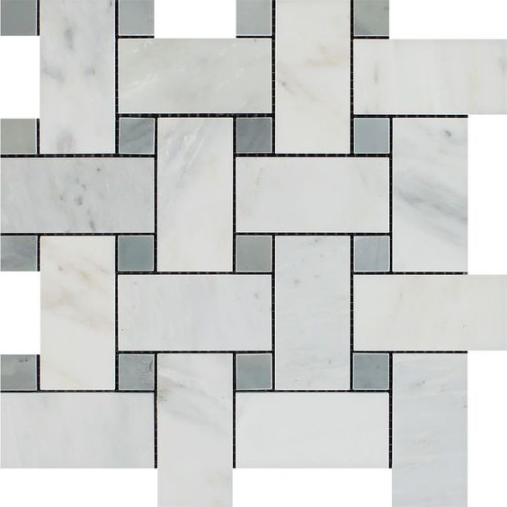 Oriental White / Asian Statuary Marble Polished Large Basketweave Mosaic Tile w / Blue Gray Dots-Marble Mosaic-American Tile Depot