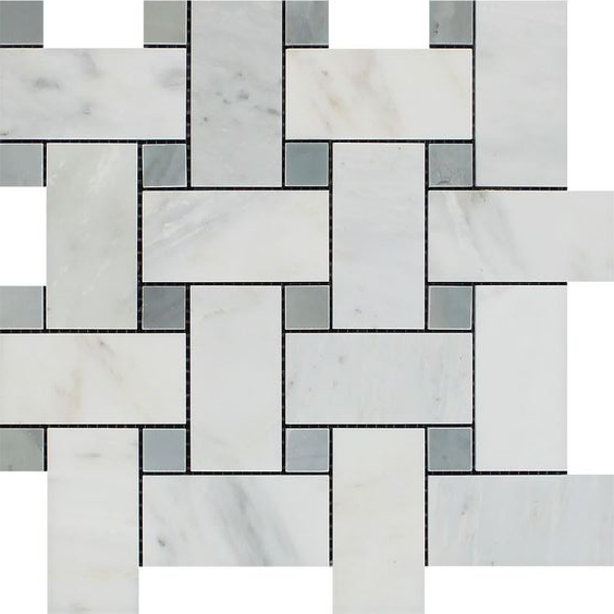 Oriental White / Asian Statuary Marble Polished Large Basketweave Mosaic Tile w / Blue Gray Dots-Marble Mosaic-American Tile Depot