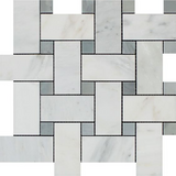 Oriental White / Asian Statuary Marble Honed Large Basketweave Mosaic Tile w / Blue Gray Dots-Marble Mosaic-American Tile Depot