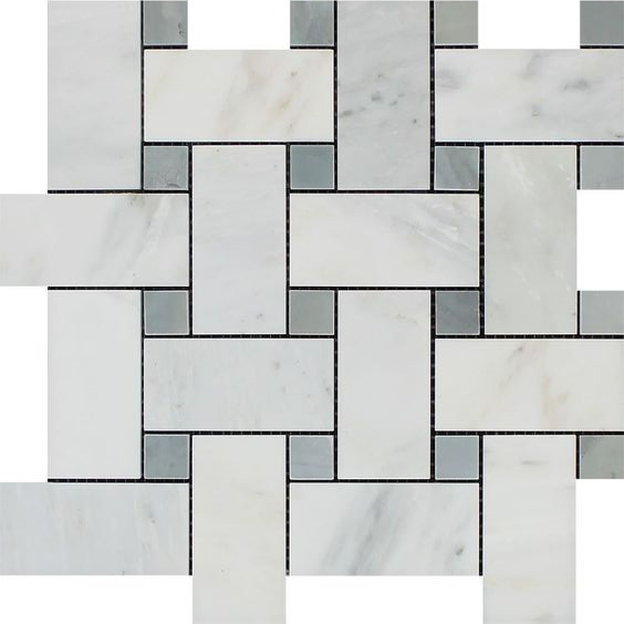 Oriental White / Asian Statuary Marble Polished Large Basketweave Mosaic Tile w / Blue Gray Dots-Marble Mosaic-American Tile Depot