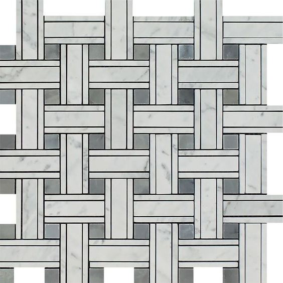 Carrara White Marble Honed Triple Weave Mosaic Tile w / Blue Gray Dots-Marble Mosaic-American Tile Depot