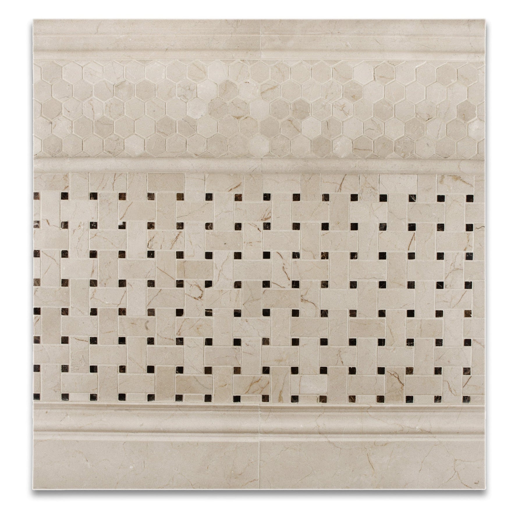 Crema Marfil Marble Honed Basketweave Mosaic Tile w/ Emperador Dark Dots