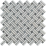 Carrara White Marble Honed Stanza Basketweave Mosaic Tile w/ Blue Gray Dots-Marble Mosaic-American Tile Depot