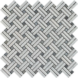 Carrara White Marble Polished Stanza Basketweave Mosaic Tile w/ Blue Gray Dots