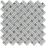 Carrara White Marble Polished Stanza Basketweave Mosaic Tile w/ Blue Gray Dots-Marble Mosaic-American Tile Depot