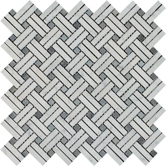 Carrara White Marble Honed Stanza Basketweave Mosaic Tile w/ Blue Gray Dots-Marble Mosaic-American Tile Depot