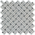 Carrara White Marble Polished Stanza Basketweave Mosaic Tile w/ Blue Gray Dots-Marble Mosaic-American Tile Depot