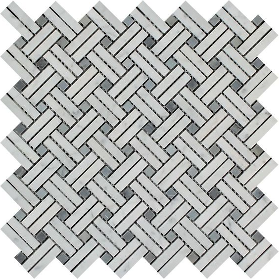 Carrara White Marble Polished Stanza Basketweave Mosaic Tile w/ Blue Gray Dots-Marble Mosaic-American Tile Depot