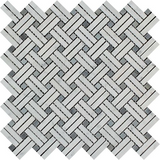 Carrara White Marble Polished Stanza Basketweave Mosaic Tile w/ Blue Gray Dots