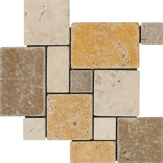 Mixed Travertine 4-Pieced OPUS Mini-Pattern Tumbled Mosaic Tile-Travertine Mosaic-American Tile Depot