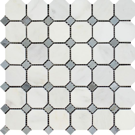 Oriental White / Asian Statuary Marble Honed Octagon Mosaic Tile w/ Blue Gray Dots-Marble Mosaic-American Tile Depot