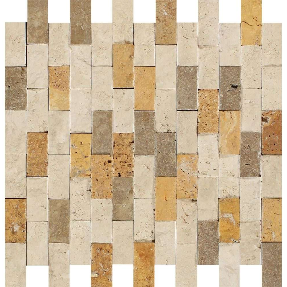 1 X 2 Mixed Travertine Split-Faced Brick Mosaic Tile-Travertine Mosaic-American Tile Depot