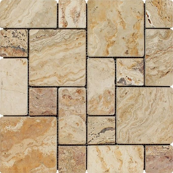 Valencia Travertine 3-Pieced Mini-Pattern Tumbled Mosaic Tile-Travertine Mosaic-American Tile Depot