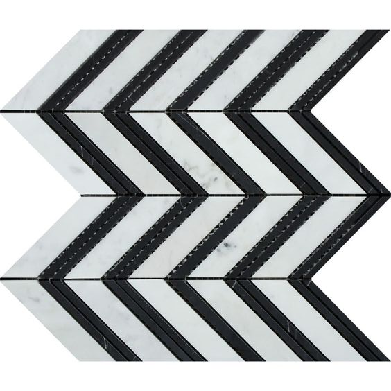 Carrara White Marble Polished Large Chevron Mosaic Tile w / Black Strips-Marble Mosaic-American Tile Depot