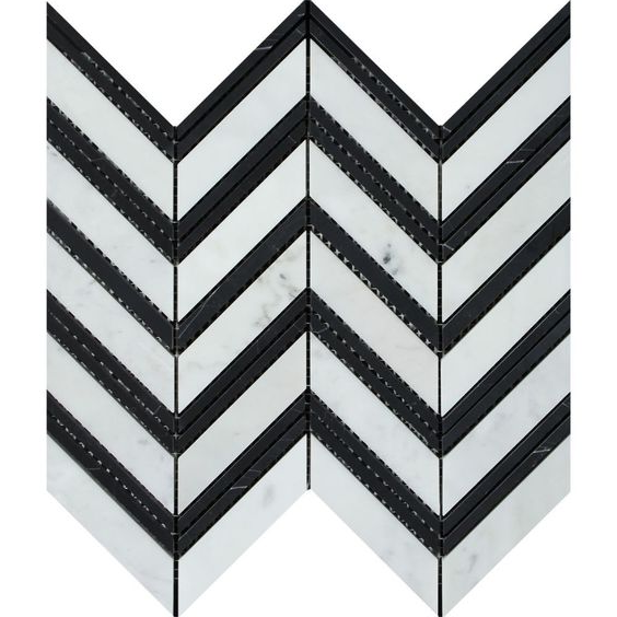 Carrara White Marble Polished Large Chevron Mosaic Tile w / Black Strips-Marble Mosaic-American Tile Depot