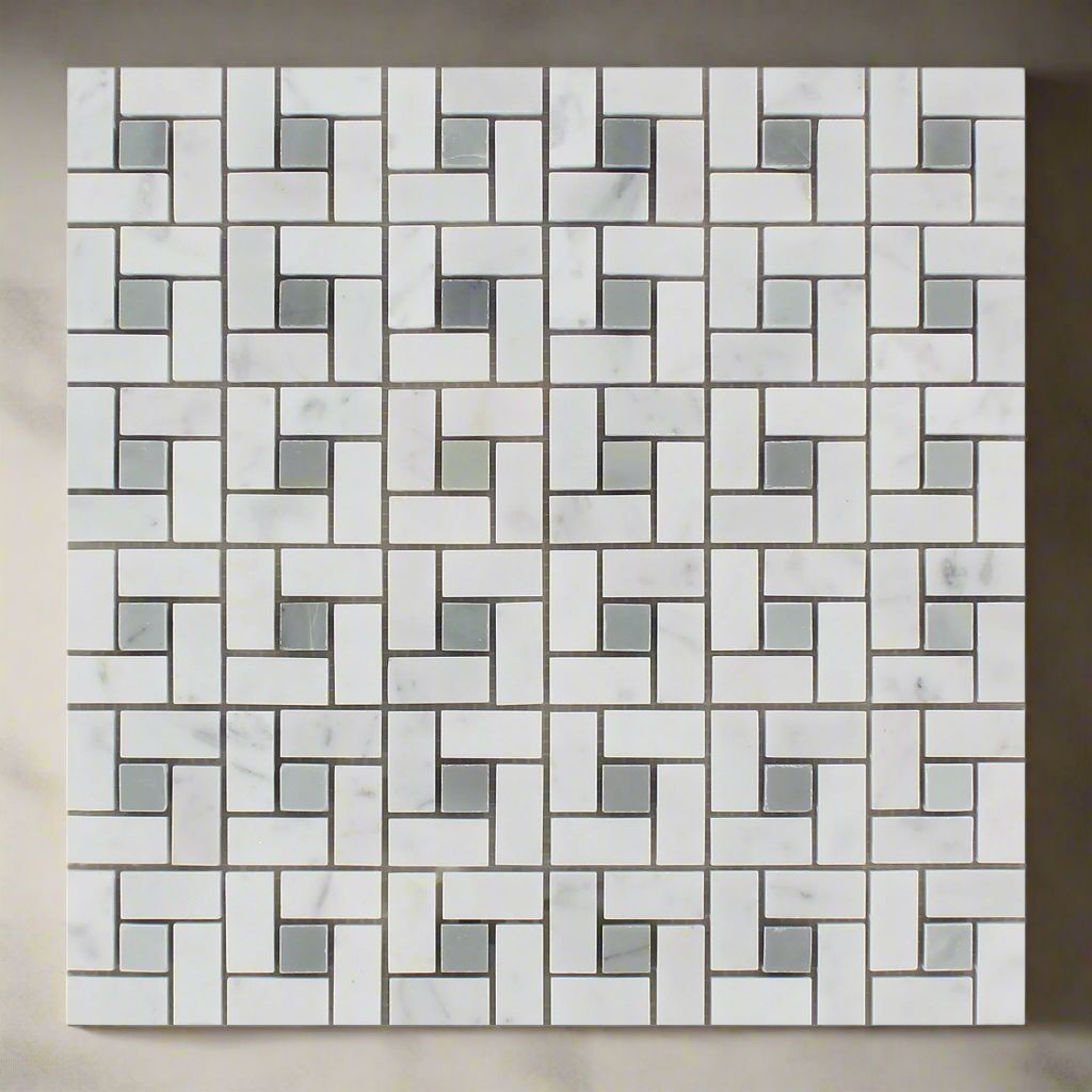 Carrara White Marble Polished Pinwheel Mosaic Tile w/ Blue-Gray Dots-Marble Mosaic-American Tile Depot