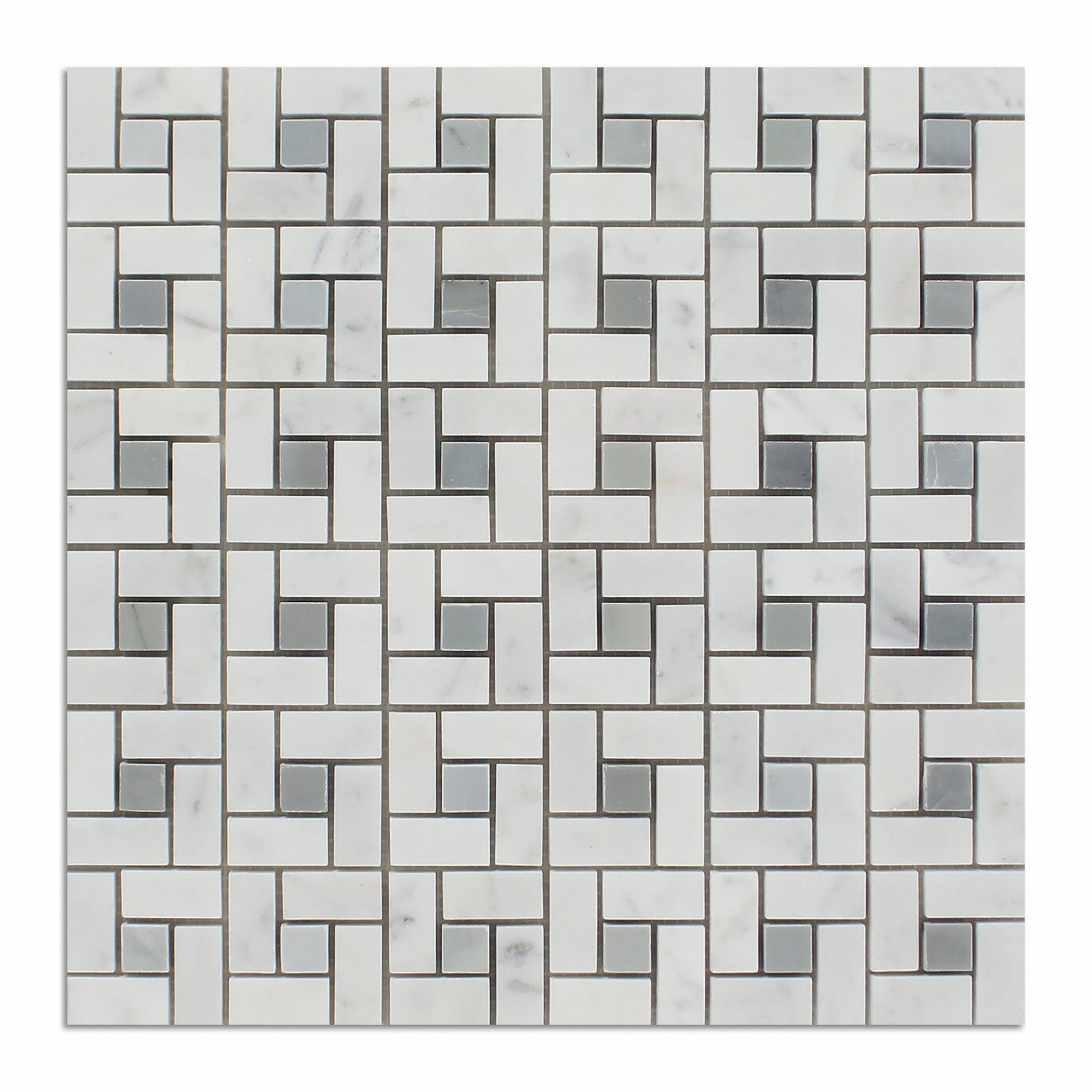 Carrara White Marble Polished Pinwheel Mosaic Tile w/ Blue-Gray Dots-Marble Mosaic-American Tile Depot