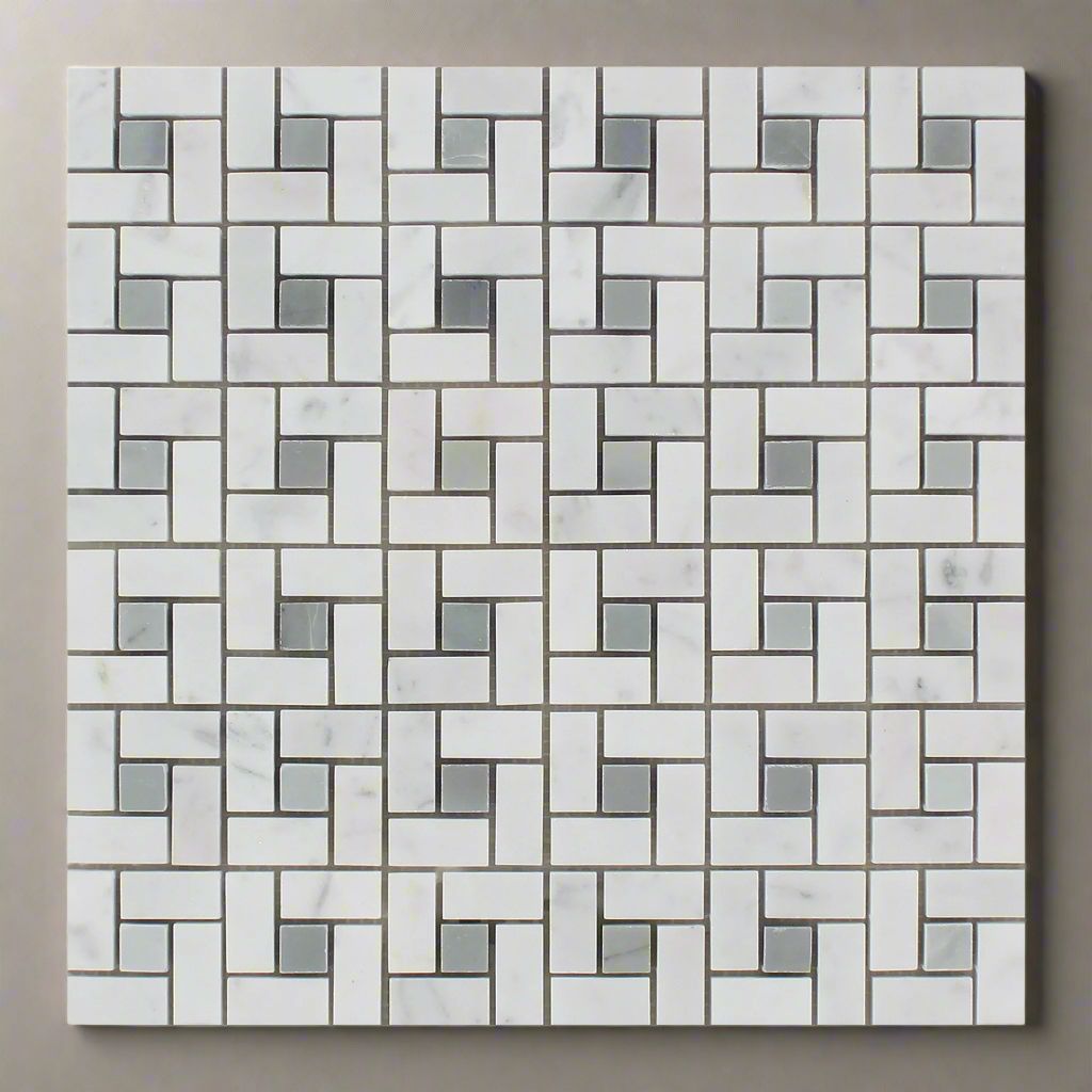 Carrara White Marble Honed Pinwheel Mosaic Tile w/ Blue-Gray Dots-Marble Mosaic-American Tile Depot