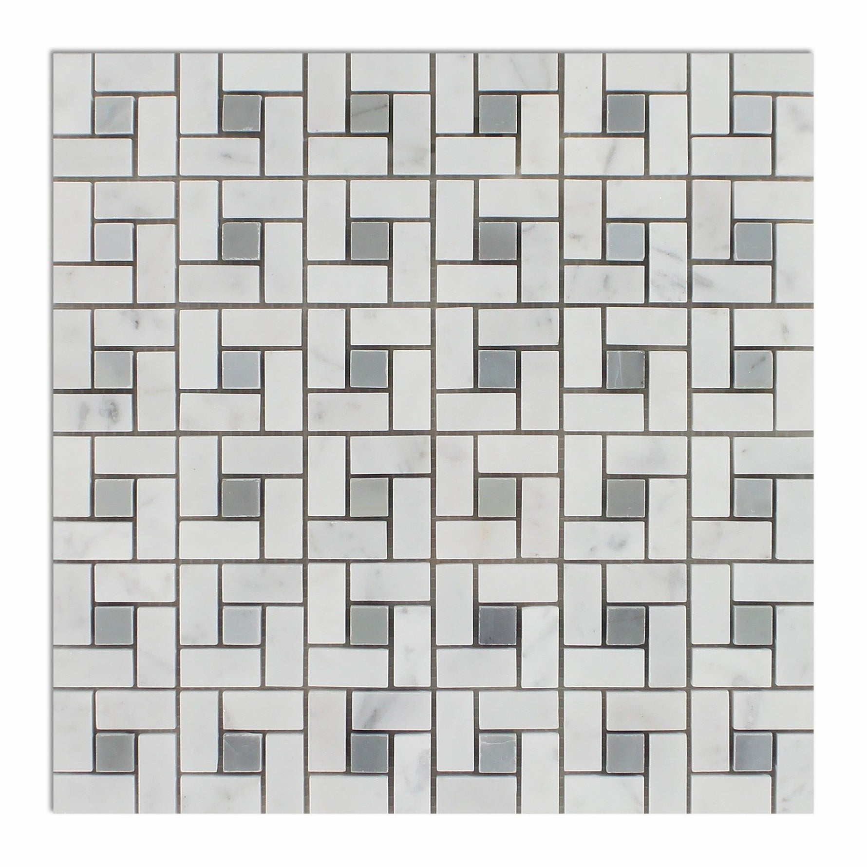 Carrara White Marble Polished Pinwheel Mosaic Tile w/ Blue-Gray Dots-Marble Mosaic-American Tile Depot