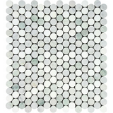 Thassos White Marble Polished Penny Round Mosaic Tile w/ Ming Green Dots-Marble Mosaic-American Tile Depot